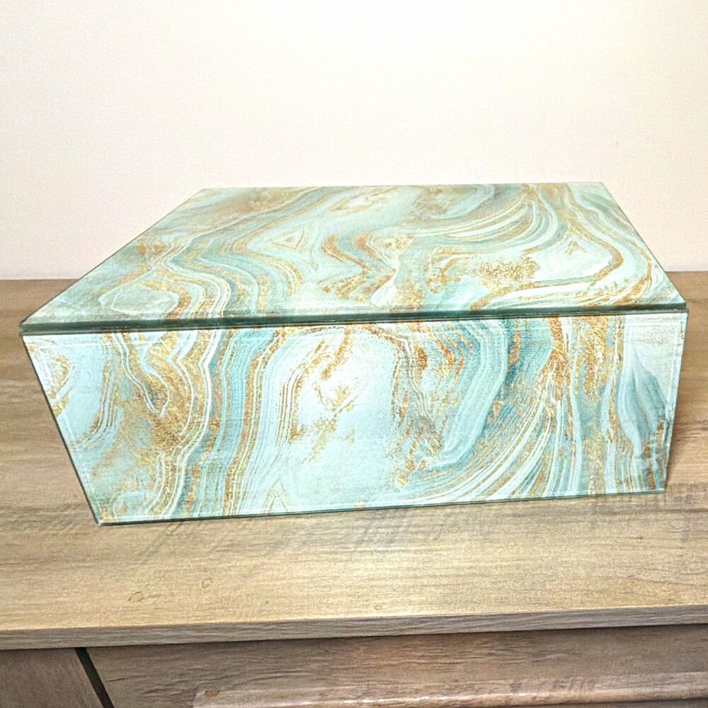 Blue Beige Marbled Glass Rectangular Decorative Storage Box with Lid